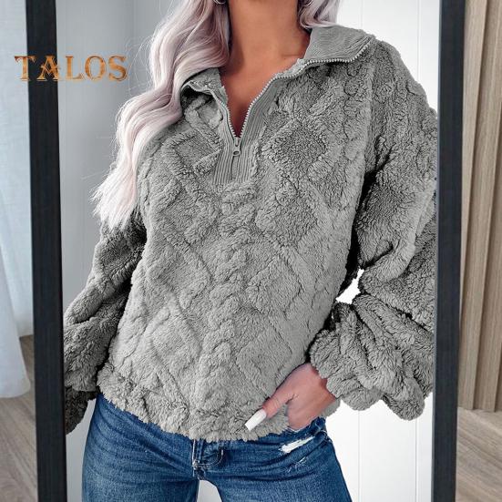 Winter Women Sweatshirt Zippered Turn-down Collar Rhombus Texture Plush Thick Long Sleeves Solid Color Keep Warm Autumn Top