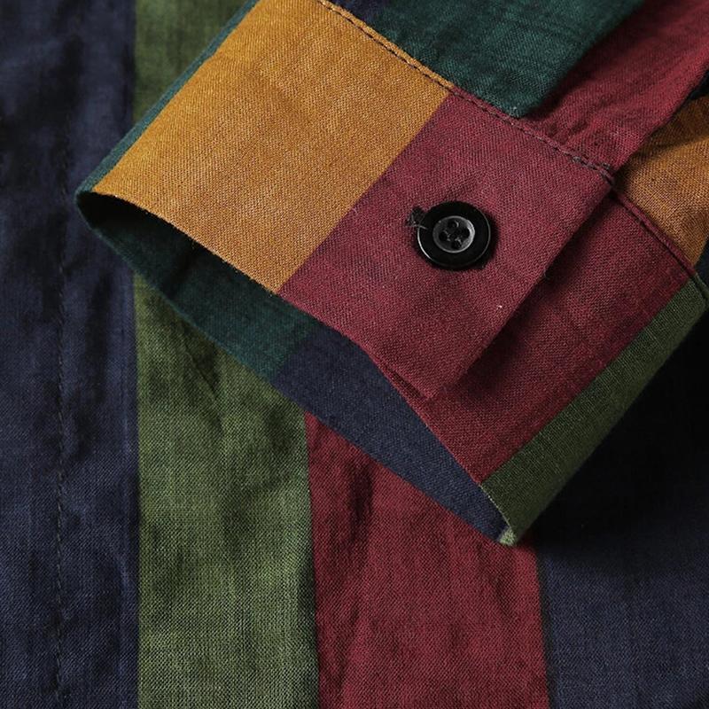 Frühling Herbst Herren Streetwear Bunt Vertikale Streifen Locker Langarmhemd Freizeitmode Retro Button-down Baumwolle Taschen Oberteile