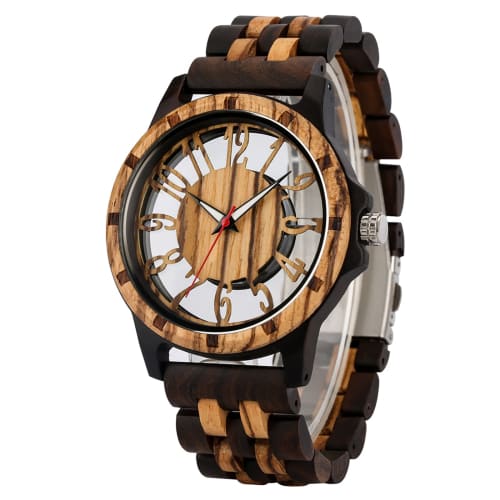 

Realpoo Transparent Deep Brown Skeleton Arabic Numeral Dial Quartz Wooden Men s Analog Watch, Quartz Movement, Natural Wood Strap Watch for Men - Deep