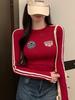 Women's Retro Red Embroidered Striped Long Sleeve Slim Fit Top