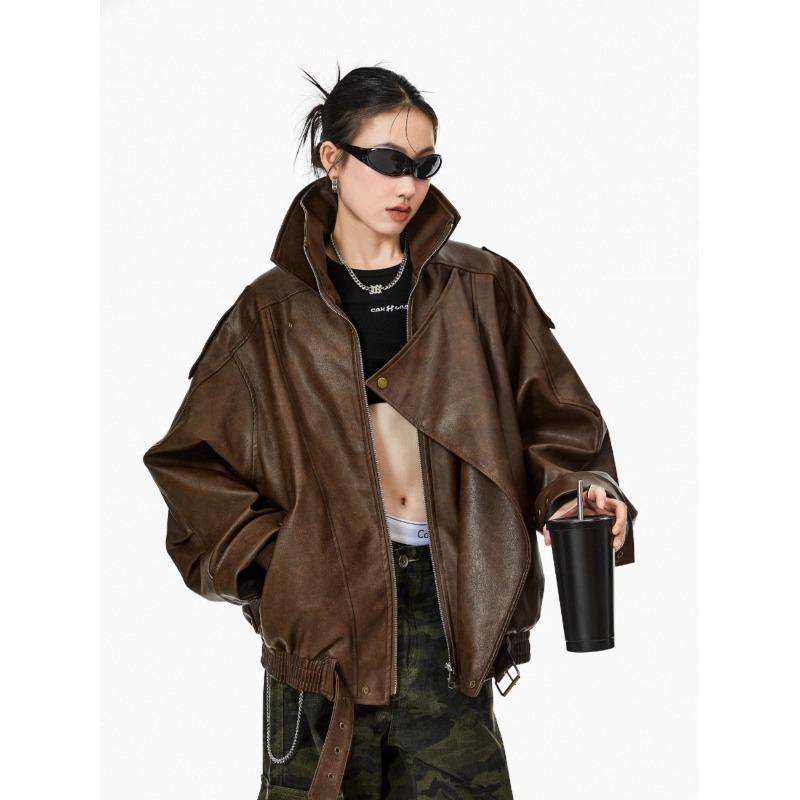 American Retro Brown Leather Jacket for Women's Spring, Autumn and Winter New Motorcycle Leather Jacket Top