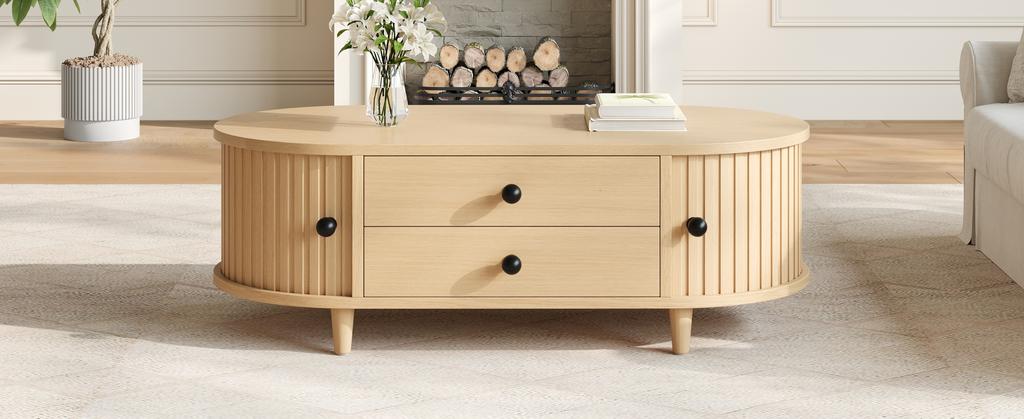 Round Coffee Table with Roller Doors, Light Wood, 2 Drawers, MDF Living Room Table with Solid Wood Legs, 100×50×36cm, Load Capacity Up To 50kg