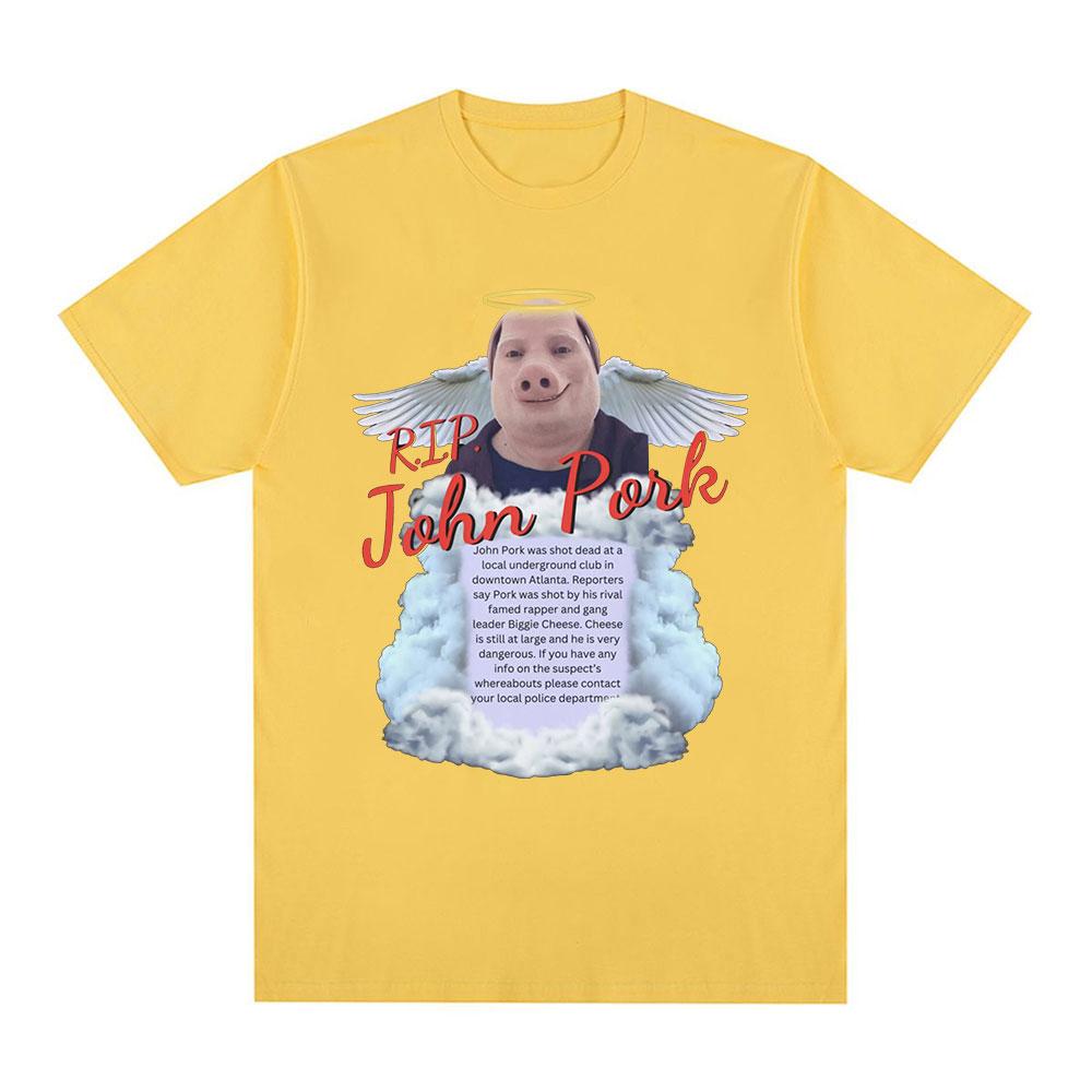 

RIP John Pork Забавный юмористический мем с изображением свиньи Футболка женская унисекс модная винтажная футболка хлопковая удобная футболка большого размера с коротким рукавом XXXL жёлтый