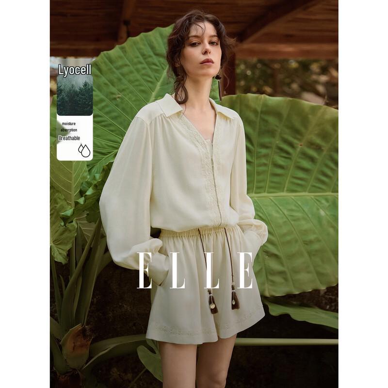 ELLE Women s Tencel V-Neck Embroidered Shirt L грязно-белый