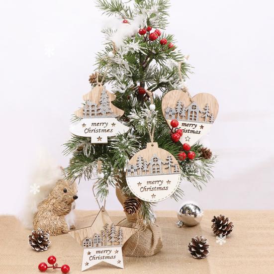 1/4Pcs Wooden Merry Christmas Ornament Farmhouse Rustic Xmas Tree Hanging Double Layer Splicing Love Heart Star Round Shape Holiday Decoration