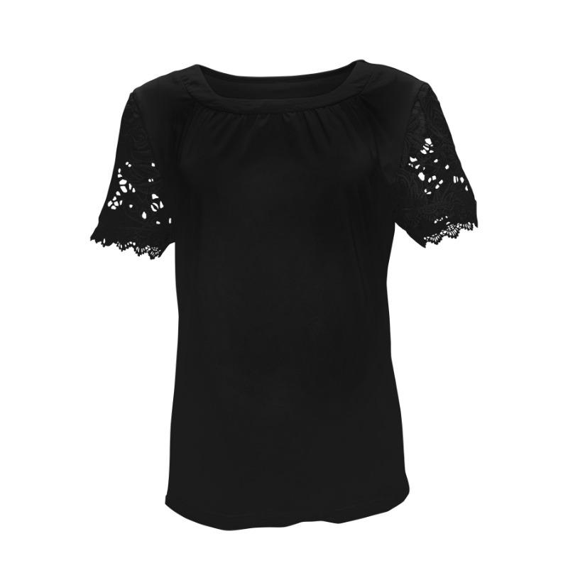 Damenmode Sommer Neu Lässig Rundhals Kurzarm Spitze Plissee T-Shirt Top