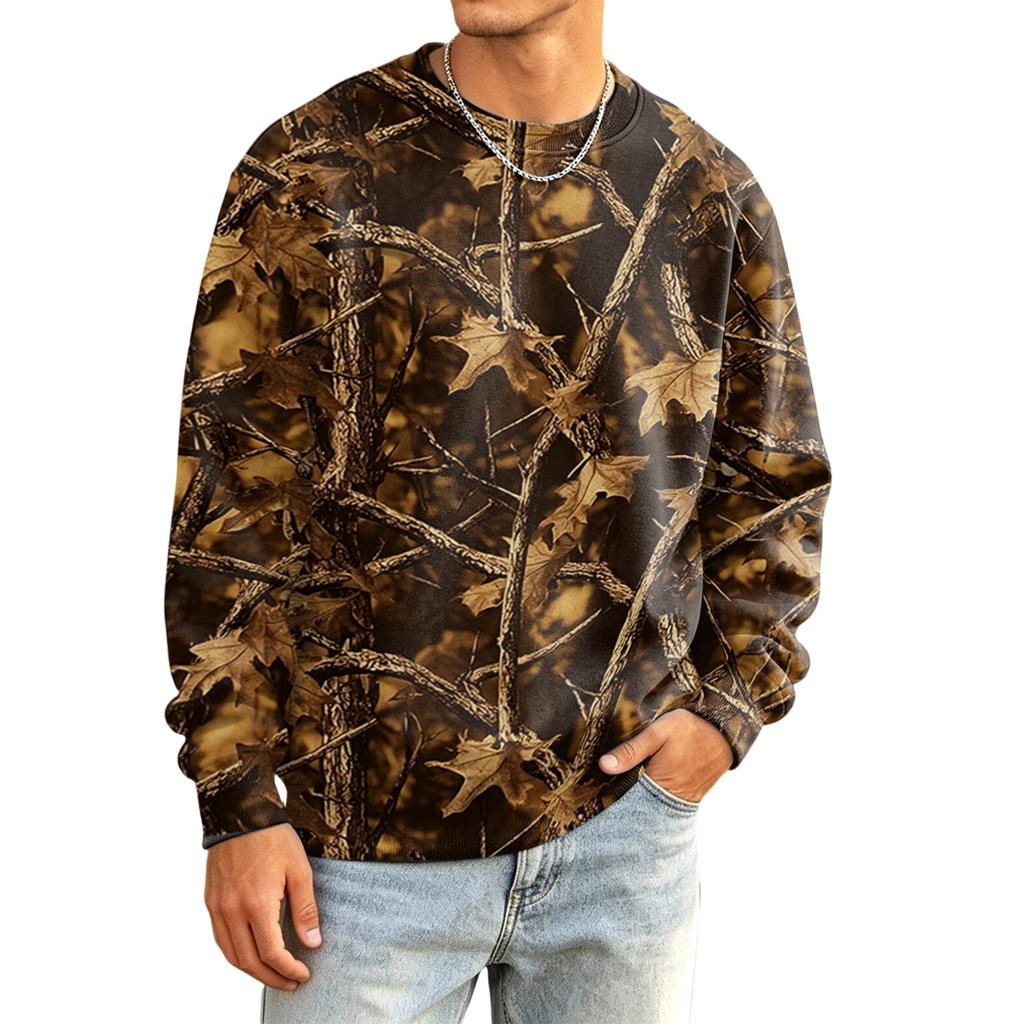 Men's Casual Long Sleeve Camouflage Print Round Neck T-Shirt Loose Fit for Everyday Wear