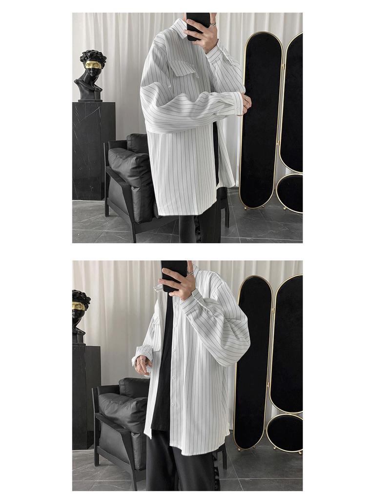 Men's Harajuku Style Striped Long Sleeve Shirt - Trendy, Casual, Loose-Fit, Versatile Korean Button-Down Jacket