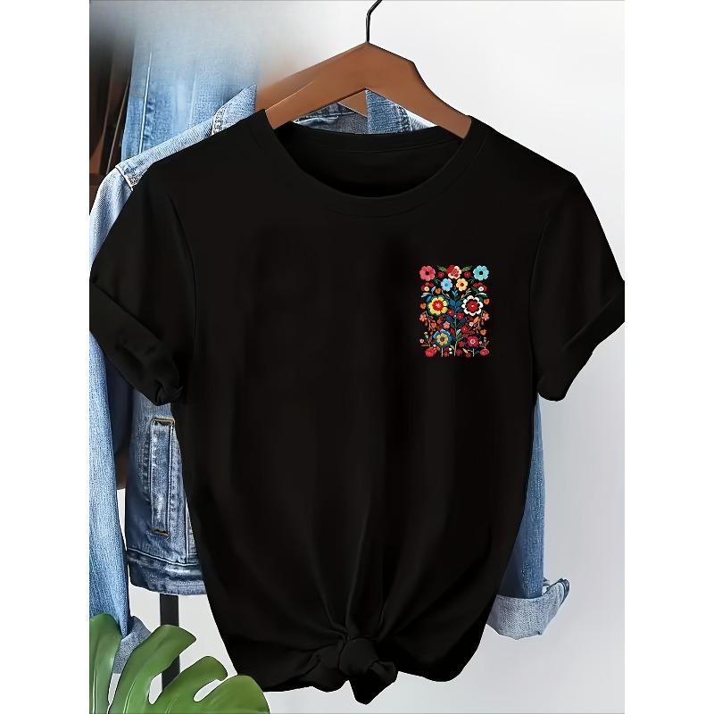 

European sizes Women s Short Sleeve T-Shirt with Vibrant Floral Print - Casual Relaxed Fit, Machine Washable, All-Season Comfort 4XL чорний