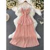 Vacation Sexy Hollow-out Bow V-neck Hanging Neck Sling Dress Women Summer Waist Hugging Slimming Pleated Cake Skirt