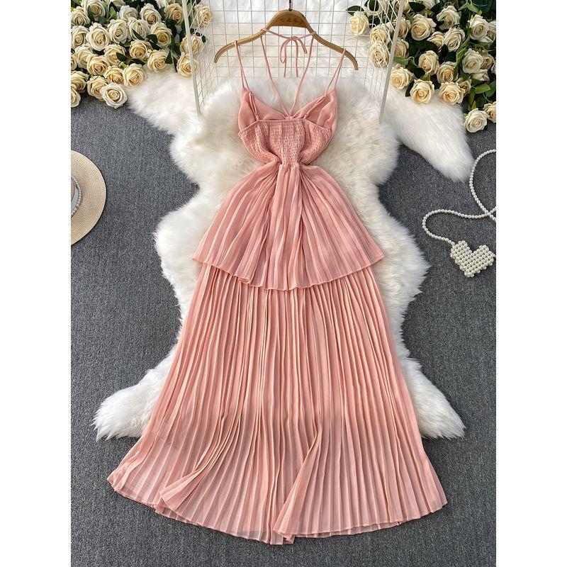 Vacation Sexy Hollow-out Bow V-neck Hanging Neck Sling Dress Women Summer Waist Hugging Slimming Pleated Cake Skirt