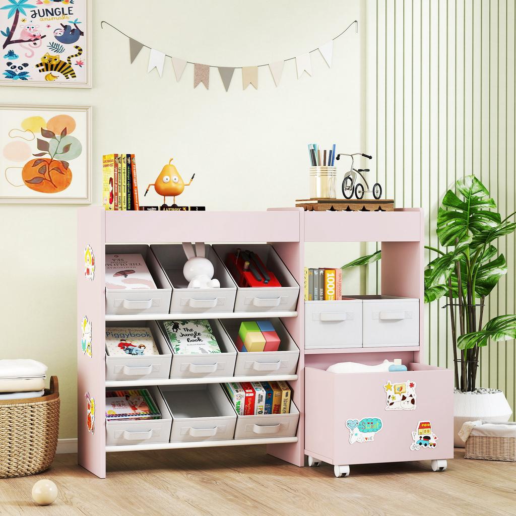 Kids Toy Storage Unit with 11 Bins, Cabinet, Top Shelves, 3 Stickers, for Nursery, Playroom, Pink