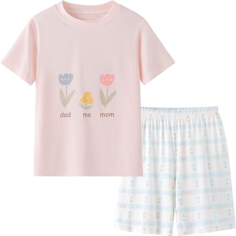 YEEHOO Girls  50S Lenzing Modal Round Neck Short Sleeve Pajama Set 130