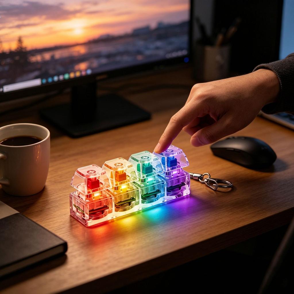 Transparent Four Key Mechanical Keyboard Tester Decompression Luminous Keychain Fingertip Pressing Toy Pendant Gift