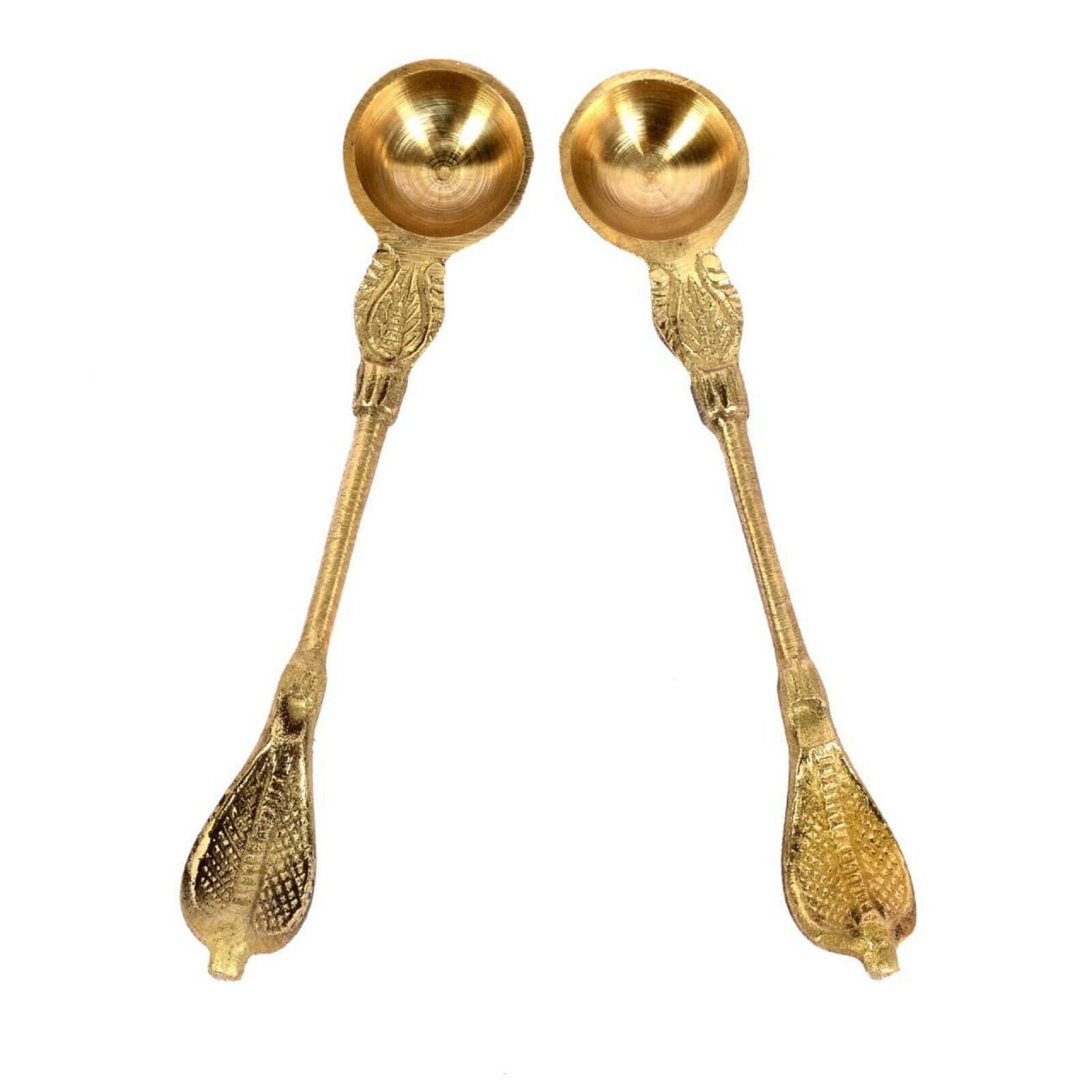 Indian Traditional Handmade Brass Charnamrit & Hawan Spoon For Pooja Set Of 2 CN977
