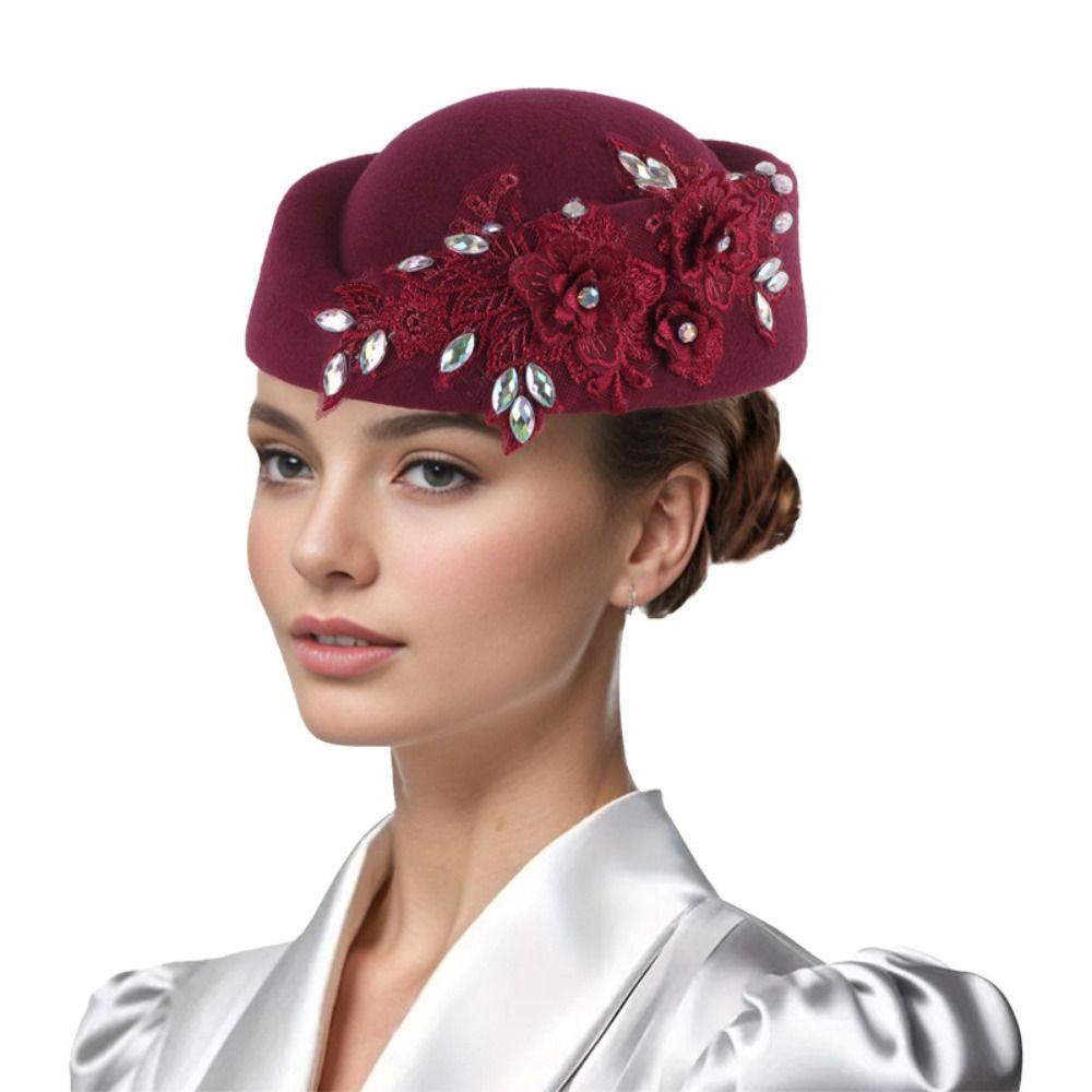 Vintage Topper Hat Flower Felt Beret Uniform Stewardess Hat Formal Hat Fashion Show