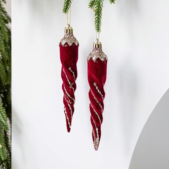 2 Pcs Velvet Christmas Ornaments Shatterproof Glitter Sequins Flocked Bell/Candy Cane/Ice Isicle Hanging Decoration for Xmas Tree Home Party Decor