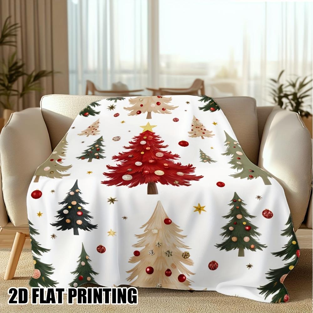 1pc Christmas Trees Pattern Printed Flannel Throw Blanket - Soft & Cozy All-Season Retro Design with Red, Green, Golden & White