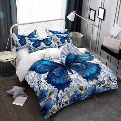 2/3Pcs, Blue Brilliant Butterfly Pattern Quilt Cover Set, Washable Polyester Quilt Cover Soft And Comfortable For Bedroom