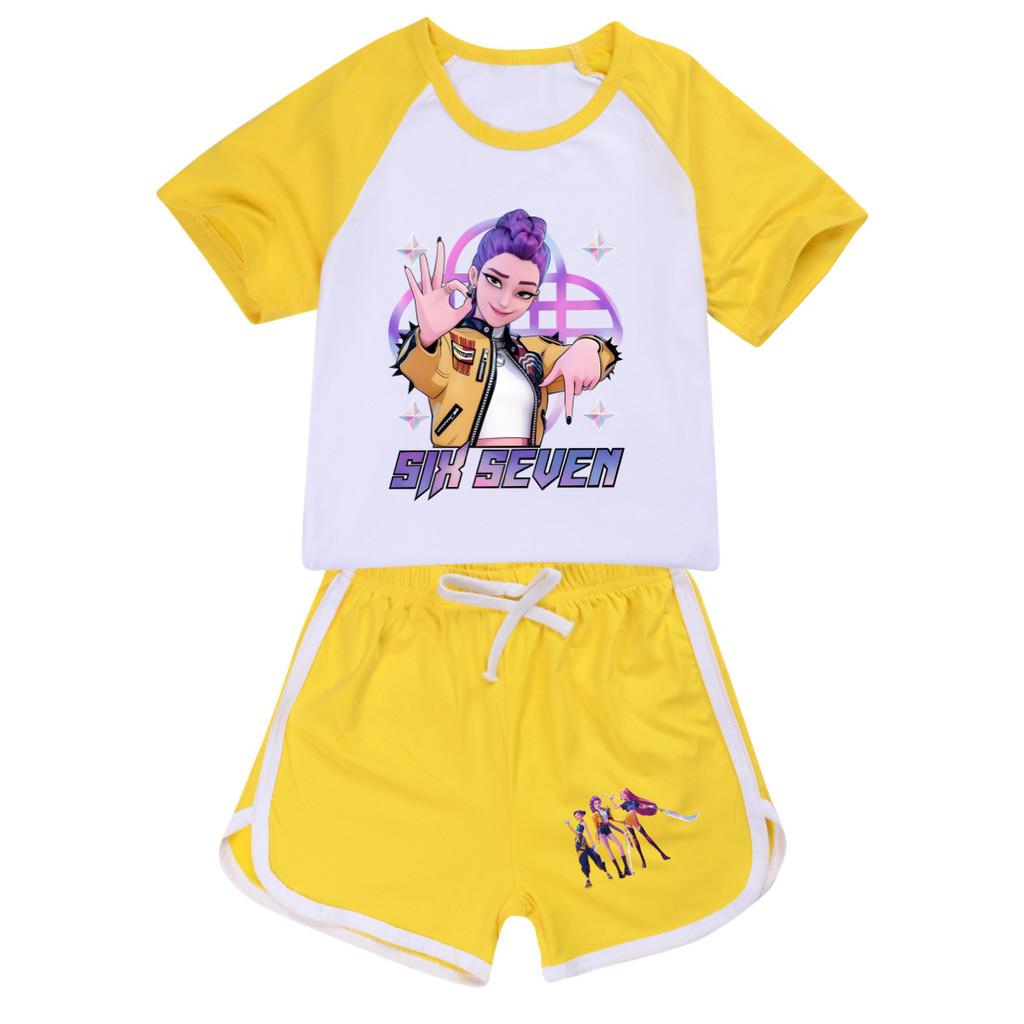 

5232 Детский комплект для девочек POP Rumi Zoey Mira с принтом, футболка, шорты, спортивный костюм 170cm жёлтый