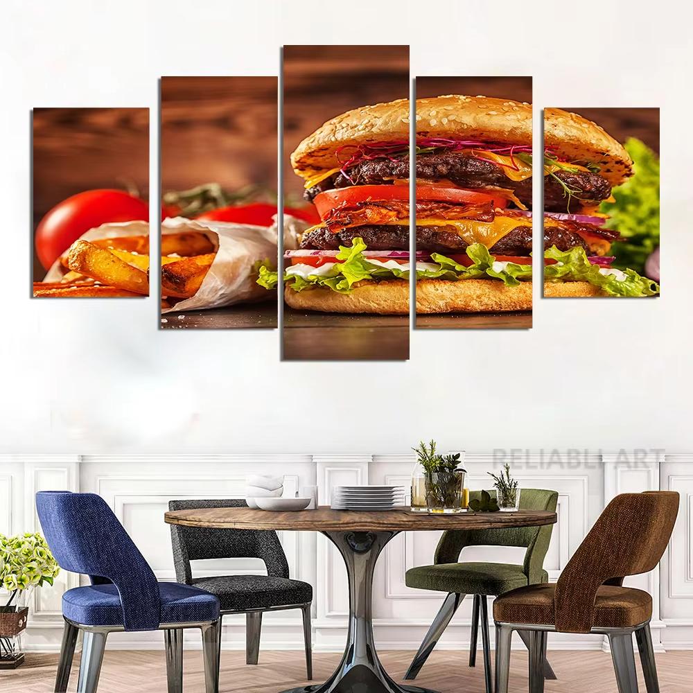 5 Panel Cheesy Beef Burgers HD Pictures Canvas Painting Delicious Fast Food Hamburger Posters for Dinning Room Wall Decor Quadro