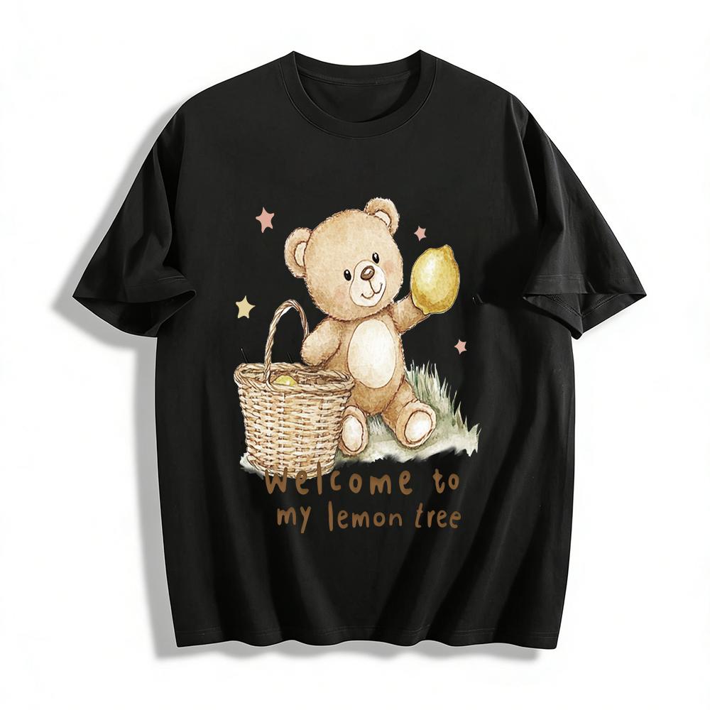 

Cute Bear Picking Lemon Print T-shirt Unisex Fresh Healing Style Casual Loose Crew Neck Short Sleeve Top Pure cotton T-shirt XXS