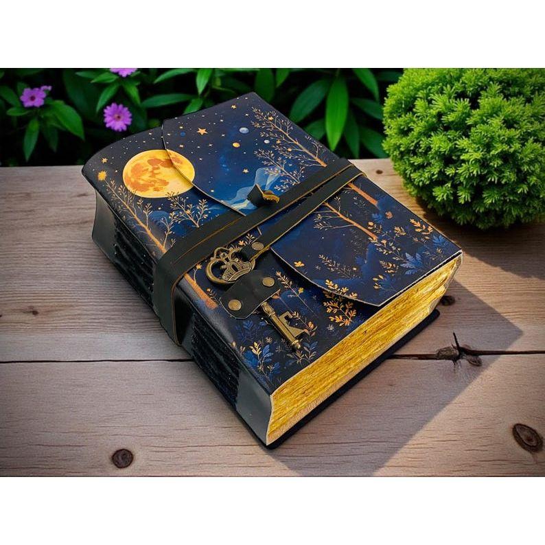 Moon phase Forest Leather Journal with Key | Moonlit Witchy Grimoire | Deckle Paper Book of Shadows | Gift for Her/Him
