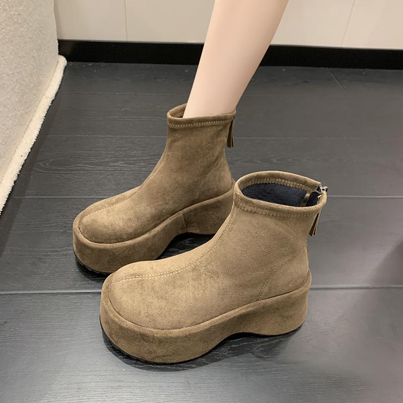 

Европейская станция женская обувь 25 осень классическая мода бархат круглый носок увеличение роста легкая толстая подошва задняя молния низкий голенище женские ботинки 40 хаки