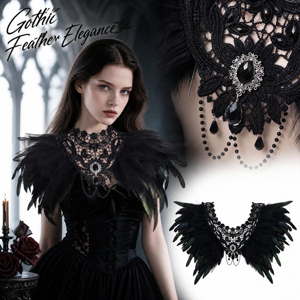Women's Lace and Feather Shawl Cape for Halloween Festival Costume Accessory