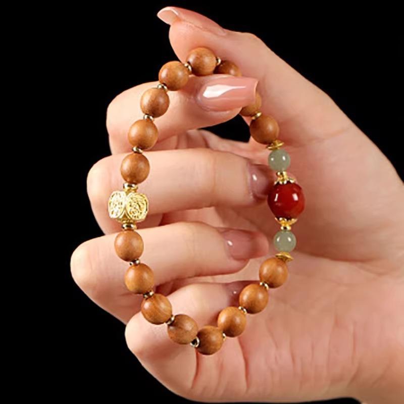 Natural Sandalwood Bracelet, Green Sandalwood, Chinese Cypress, Hetian Jade, and Southern Red Agate Bracelet for Women, New Chinese-style Jewelry,