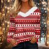 Women's Long Sleeve Christmas V-Neck Top with Plush Collar and Color Block Print