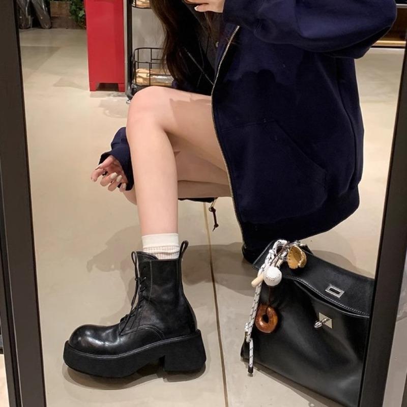 ! Shoes Leather Shrinkage Horse Leather Lace-up Thick Heel Platform Martin Short Boots Women's Autumn and Winter