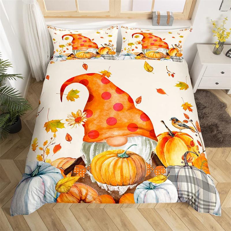 Happy Thanksgiving Duvet Cover Fall Maple Leaf Bedding Set Microfiber Gnome Gold Pumpkin Farm Harvest Comforter Cover King Size