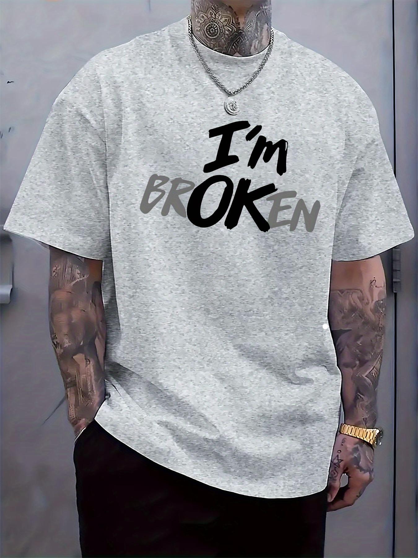 

I m BROKEN Graphic Print Casual Crew Neck T-shirt - Light Gray XL