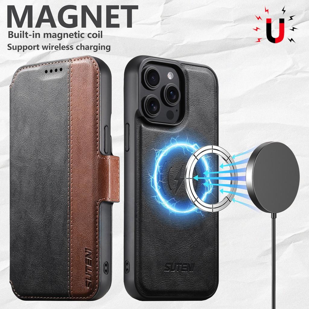 SUTENI Q-07 For iPhone 16 Pro Max Case Magnetic Color Splicing Cowhide Texture Leather Cover
