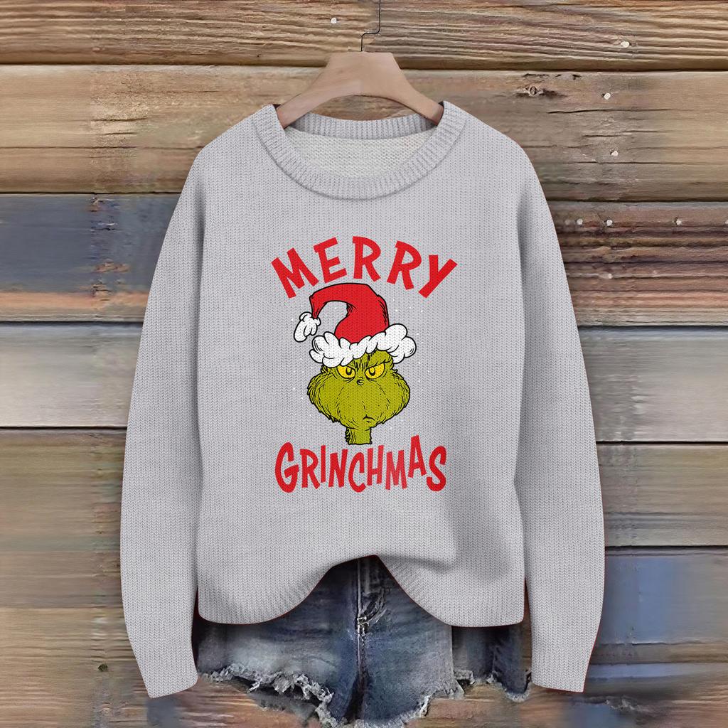 Women's Christmas Print Cardigan Long Sleeve Round Neck Knit Top