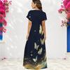 Women Plus Size V Neck Short Sleeve Floral Butterfly Printed Black Straight Long Dress