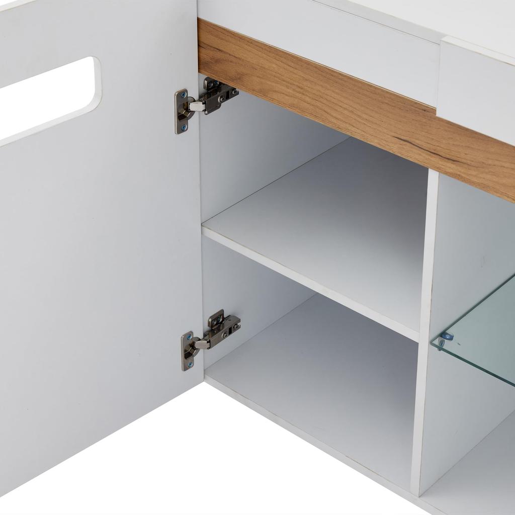 Sideboard Küchenschrank 3 Türen Offene Glasböden, Modern Hochglanz Buffetschrank Anrichte Schrank, Esszimmer, Wohnzimmer, Küche, Wohnmöbel, Weiß