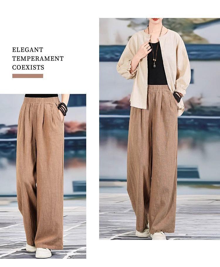 Women's Spring/Summer High-Waisted Wide-Leg Cotton Linen Pants