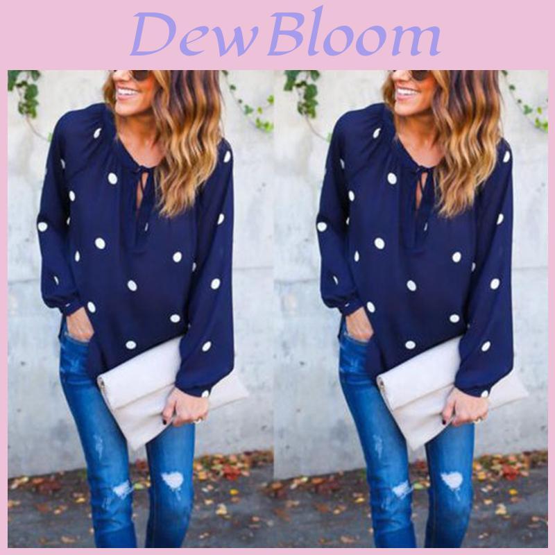 Versatile Woman O Neck Long Sleeve Casual Polka Dot Blue Bodycon Shirt Blouse For Any Occasion