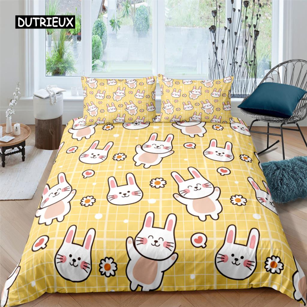 Niedliches Bettwäscheset mit Cartoon-Motiv, Hund/Kaninchen, nordisch, Kingsize, Einzelbett, Zwilling, 90/135/150, Bettbezug 240×220, Bettbezug für Mädchen, Jungen, Kinder, Teenager, Geschenk