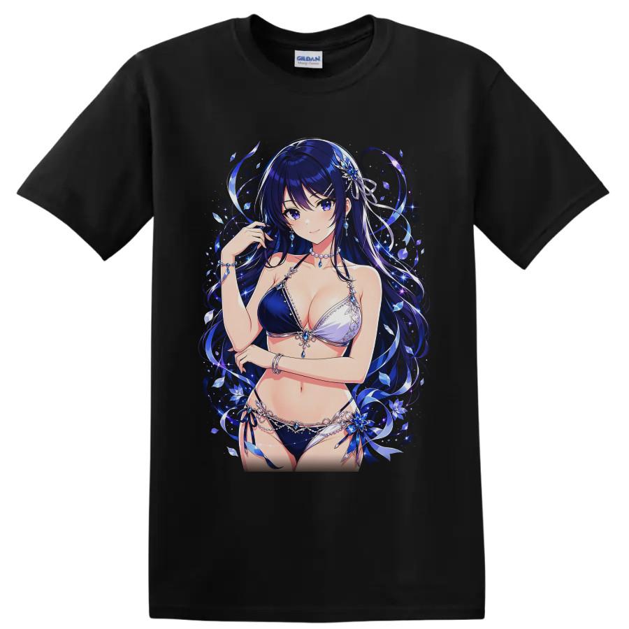 Anime Waifu Bikini Blue Crystal Fantasy Girl T Shirt Sparkle Jewelry Art Tee