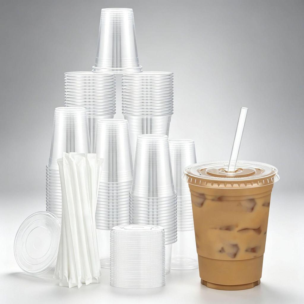 16 Oz Clear Disposable Plastic Cold Drink Cup with Lid and Straw