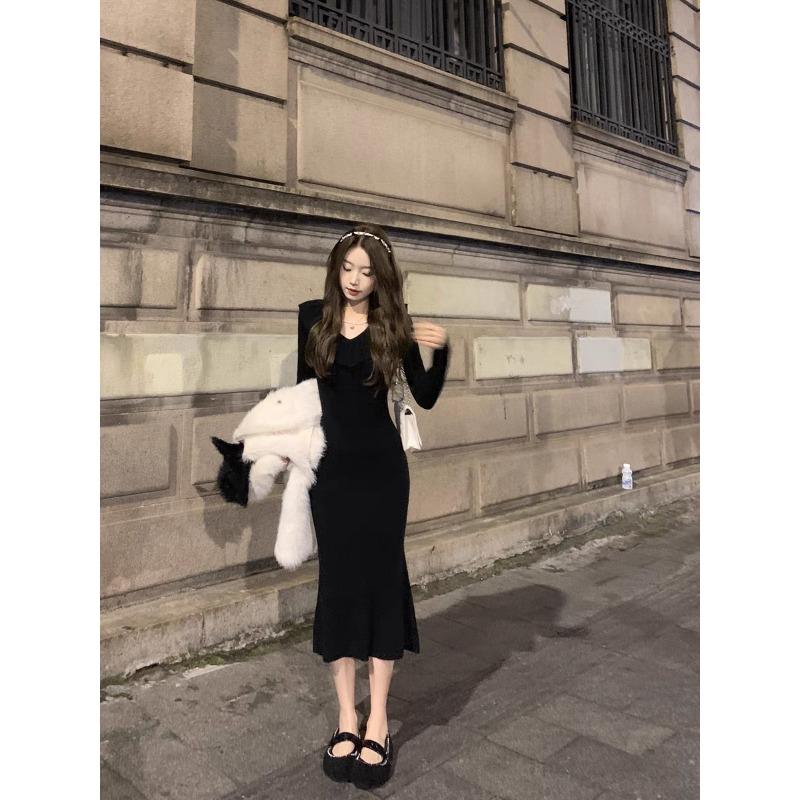 Temperament gentle age-reducing lotus leaf collar slim-fitting fishtail dress new high-end retro knitted dress women
