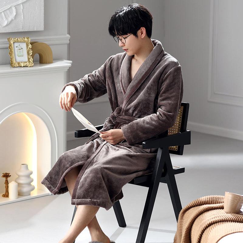 Nightgown Men'S Winter Coral Fleece Warm Fleece Thickened Medium And Long Flannel Robe Pajamas Men'S Winter Bathrobe