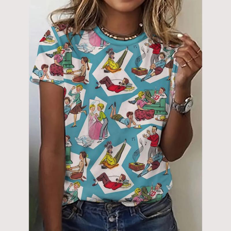 Cartoon-T-Shirt für Damen, Tiermuster-Druck, O-Ausschnitt, Oberteil, Outdoor-Mode, Damen-T-Shirts, Pullover, weibliches übergroßes Kleidungshemd