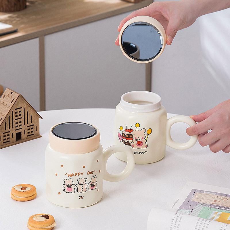 Cute rabbit mirror cover ceramic mug cartoon bump coffee cup office souvenir student cup