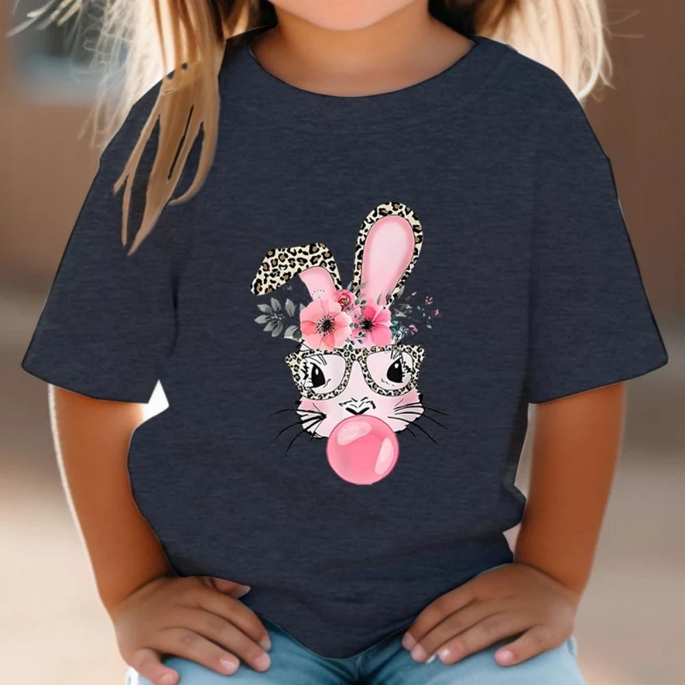 Children s T-Shirt Cute Rabbit 3D Print Girl Short Sleeve Leopard Harajuku 3-14 Year Kids Tops Outdoor Loose Casual Girl Clothes 100