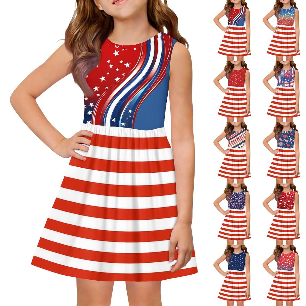 Robe Princesse d'Été pour Filles - Robe Gilet Coupe A-Line Fête de l'Indépendance