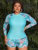 2025 Plus Size European & American Print Bikini with Long Sleeve and Split Short Pants